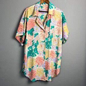 Victoria's Secret‎ Gold Label Floral Button Down Short SL Sleep Shirt Blouse M/L